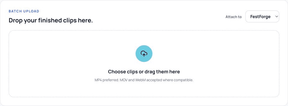 ClipPush batch uploader with an Attach to selector and a Choose clips or drag them here area