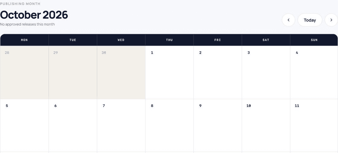 ClipPush Calendar showing October 2026 with no approved releases