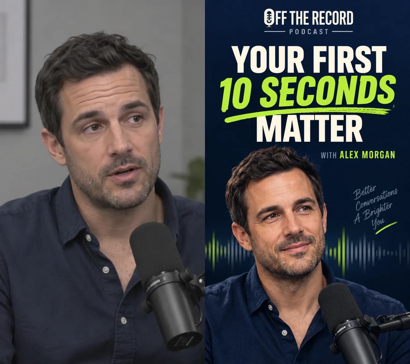 An unbranded interview frame showing a guest mid-sentence beside a microphone.